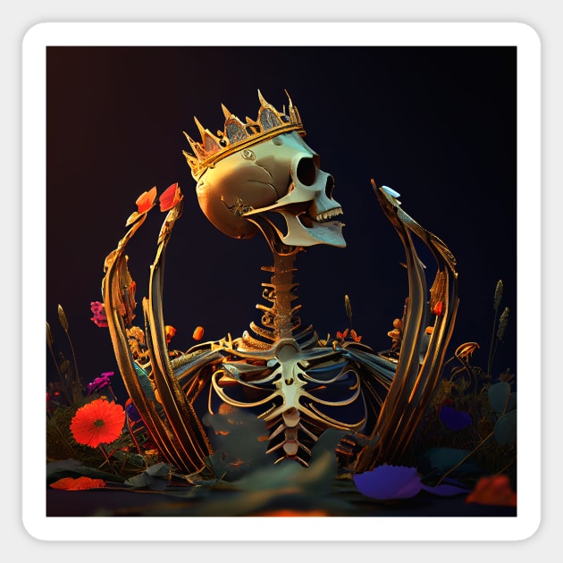 Skeleton in garden with golden crown Sticker by ramith-concept